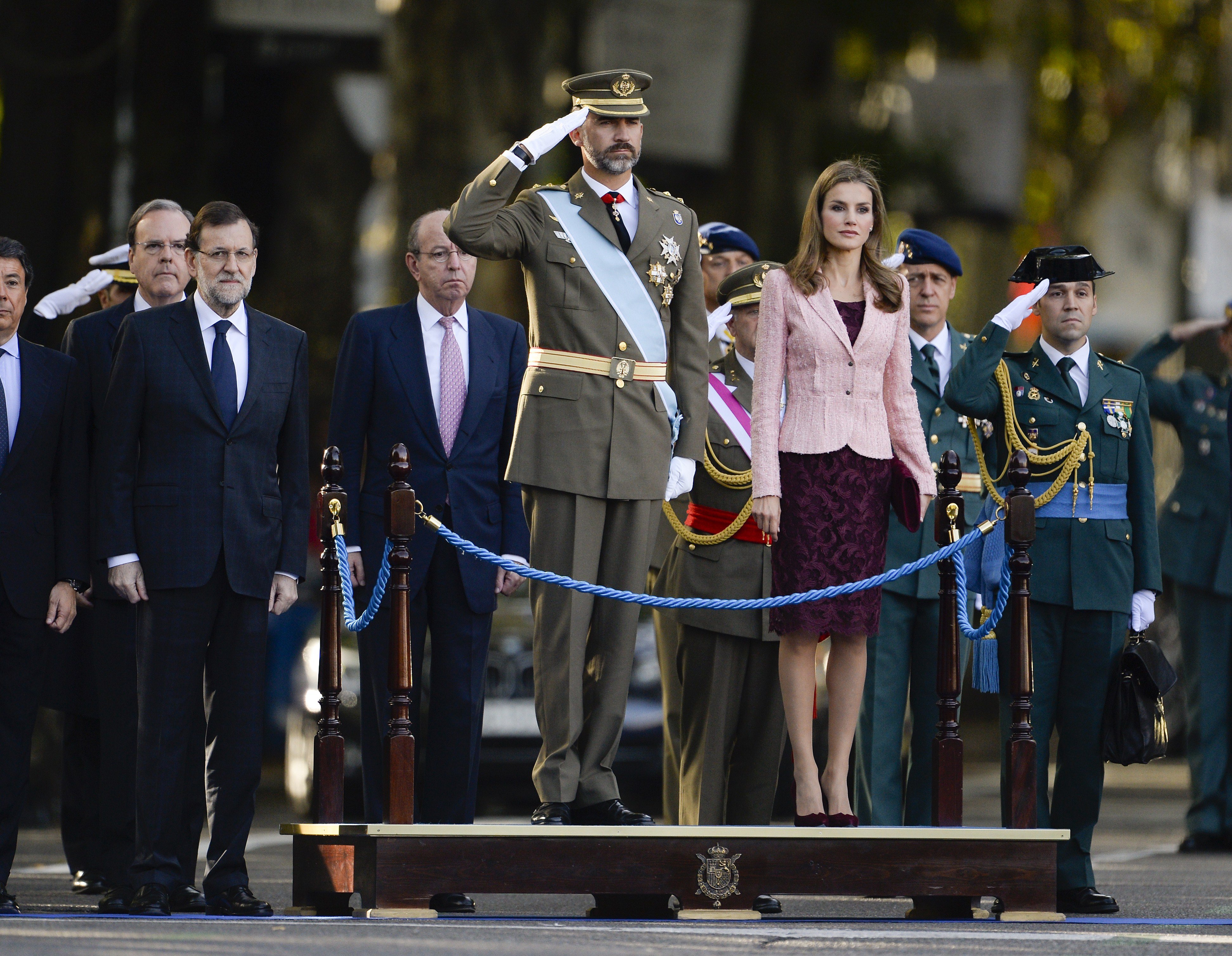 Spain's Crown Prince Felipe and his wife Letizia at the Spanish National Day military parade in Madrid on October 12, 2013. | Source: Getty Images
