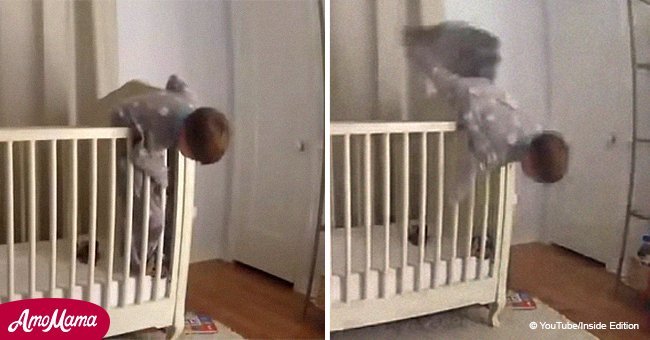 Incredible moment father catches toddler just before he hits the ground
