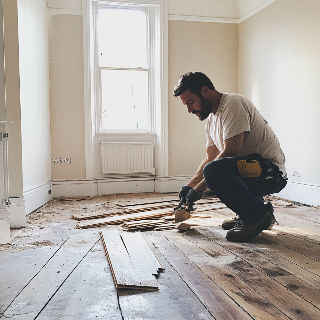 A man taking out old floorboards | Source: Midjourney