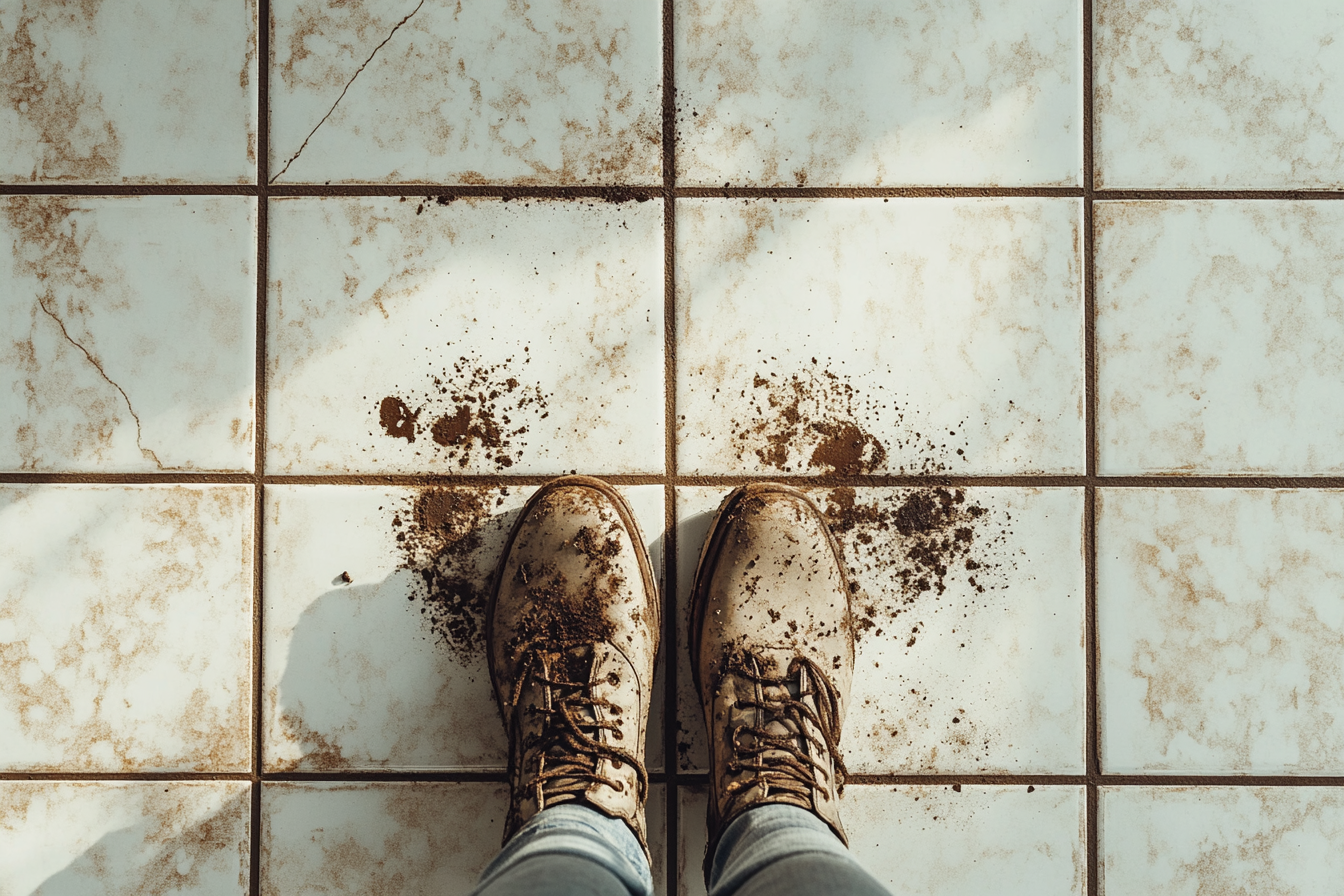 Muddy shoes on a white-tiled floor | Source: Midjourney