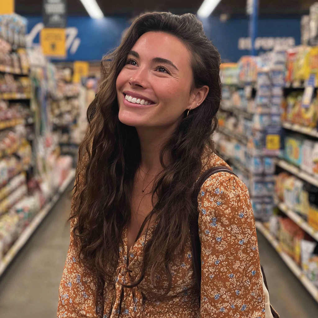 A smiling woman standing in a grocery store | Source: Midjourney