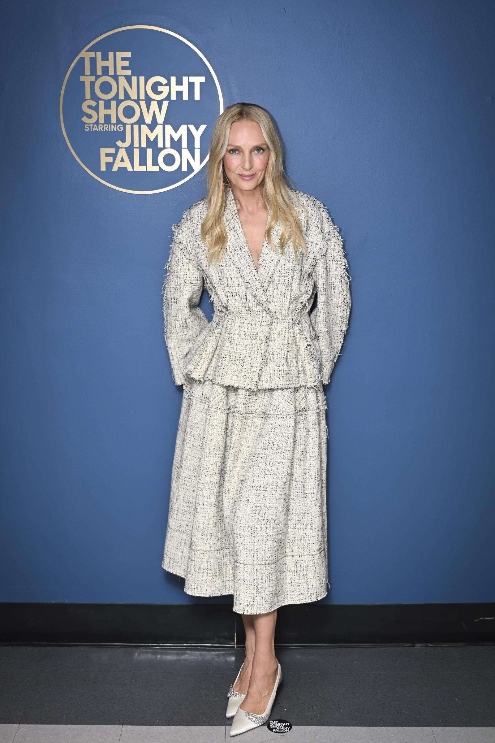 Uma Thurman poses backstage on the set of "The Tonight Show Starring Jimmy Fallon" on Wednesday, March 11, 2026. | Source: Getty Images