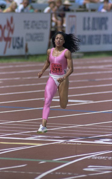 Florence Griffith Joyner wins yet again in a one leg outfit, with no other runners in sight | Source: Getty Images