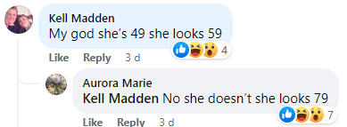 A screenshot featuring a Facebook exchange where one commenter remarked that Kate Moss, aged 49, looked 59, while another chimed in, asserting she appeared even older at 79. | Source: facebook.com/DailyMail