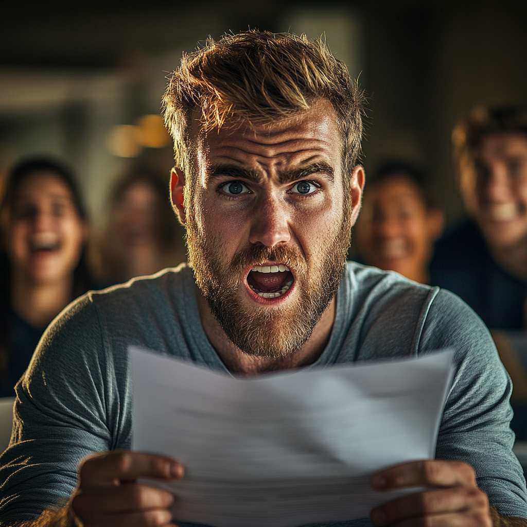 A man gaping in shock as he holds some papers | Source: Midjourney