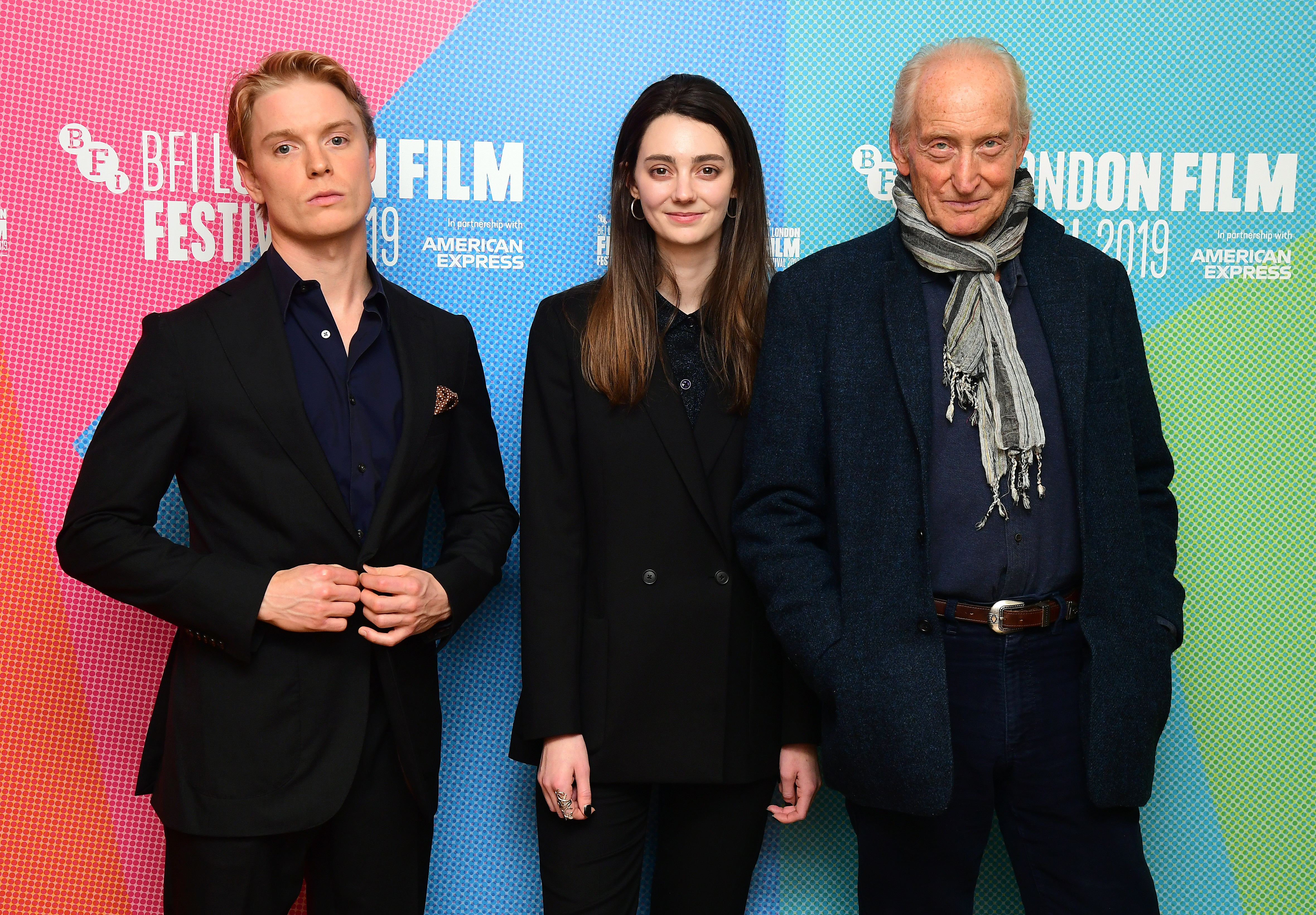 Freddie Fox, Tanya Reynolds, and Charles Dance at the premiere of "Fanny Lye Deliver'd" during the BFI London Film Festival on October 10, 2019, in Southbank, London. | Source: Getty Images
