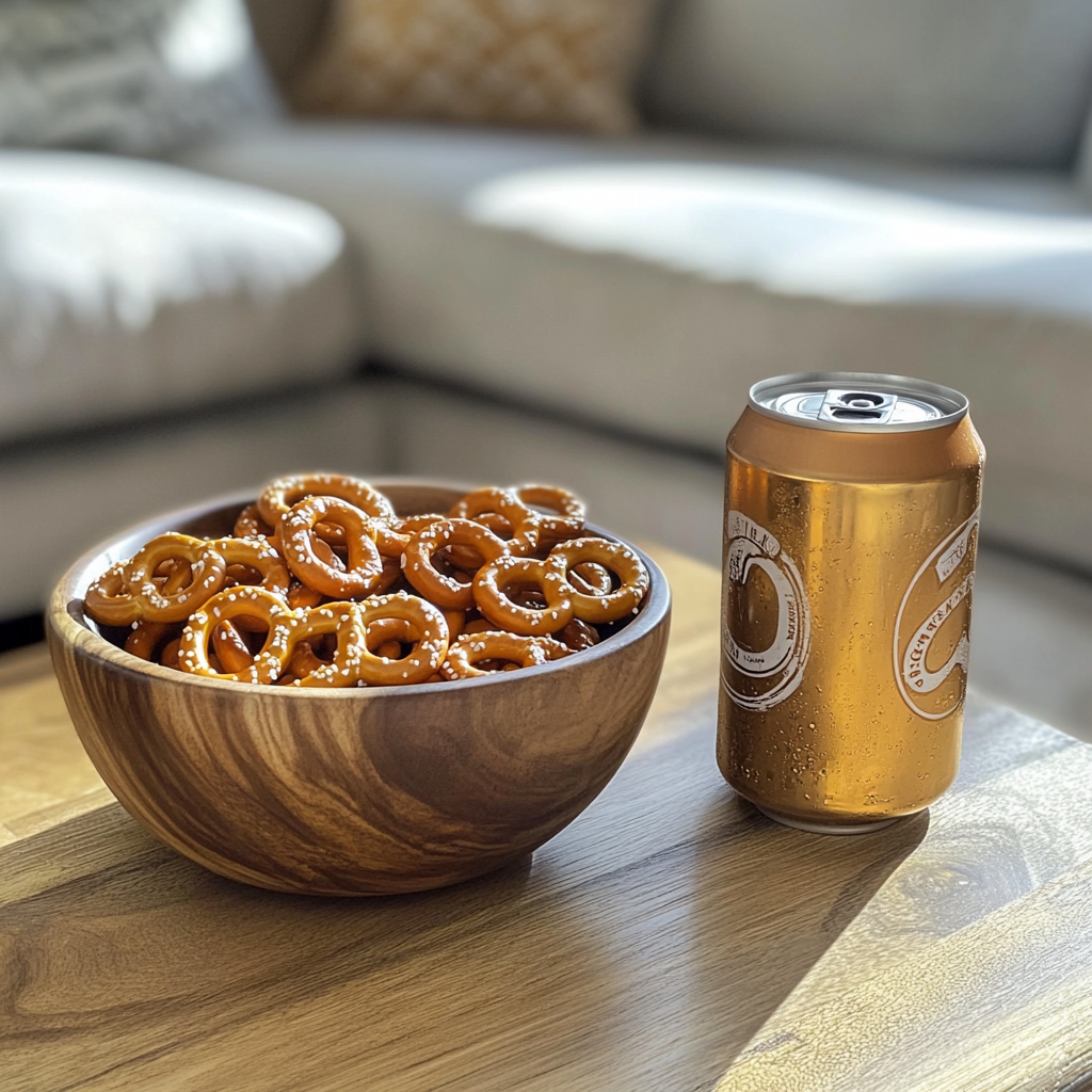 Beer and pretzels on a coffee table | Source: Midjourney