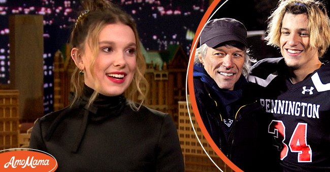 Millie Bobby Brown pictured during an interview on "The Tonight Show Starring Jimmy Fallon" [Left] Jon Bon Jovi and his son Jake Bongiovi in his Pennington football uniform [Right] Source: Twitter/njdotcom  YouTube/The Tonight Show Starring Jimmy Fallon