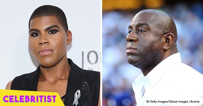 EJ Johnson flaunts bare chest in black jacket after revealing it had been 'tough' coming out to dad Magic