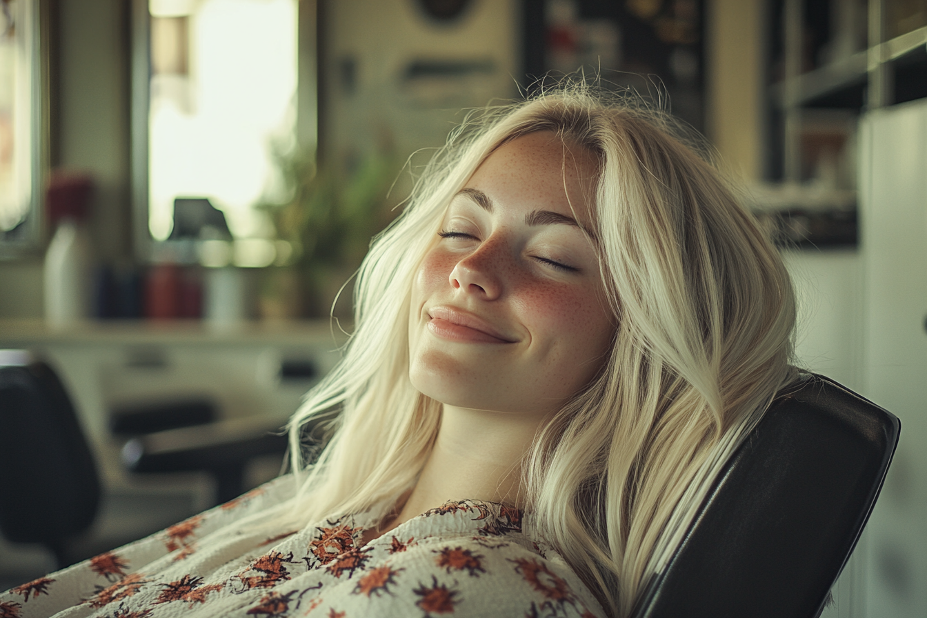 A woman relaxing in the chair at a hair salon | Source: Midjourney