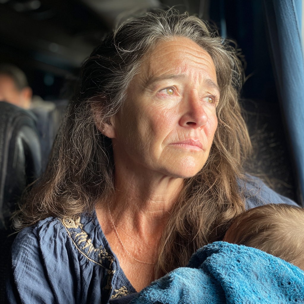 An older woman sitting on a bus and looking out a window | Source: Midjourney