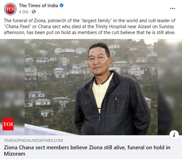 The Times of India berichtet über den Tod von Ziona Chana. I Quelle: facebook.com/TimesofIndia