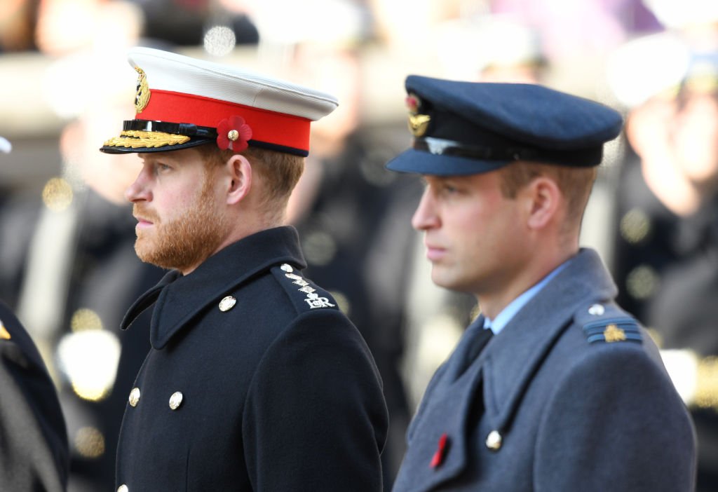 Prince Harry and Prince William march in a ceremony for the Remembrance Sunday memorial, at The Cenotaph, on November 10, 2019, in London, England | Source: Getty Images (Photo by Karwai Tang/WireImage)