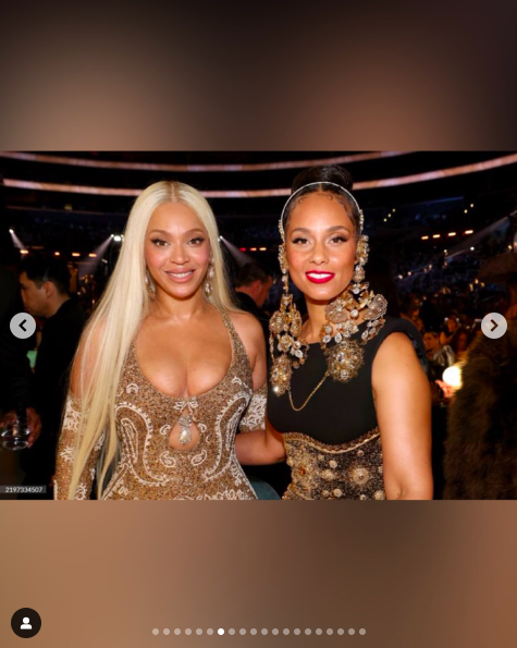 Beyoncé and Alicia Keys posing for a picture at this year's Grammy Awards, posted on February 3, 2025. | Source: Instagram/aliciakeys