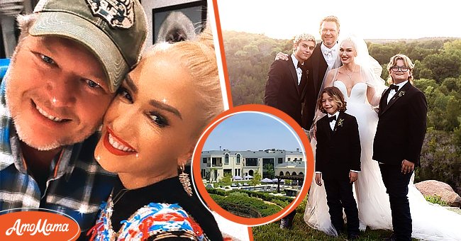 A picture of country singers and couple Gwen Stefani and Blake Shelton [left] Picture of Gwen Stefani and Blake Shelton with their kids [right] Picture of Gwen Stefani and Blake Shelton's house [bubble] | Photo: instagram.com/gwenstefani  || youtube.com/Luxury Lane   