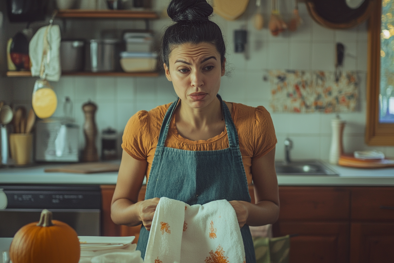 A woman looking confused as she wipes her hands on a dish towel | Source: Midjourney