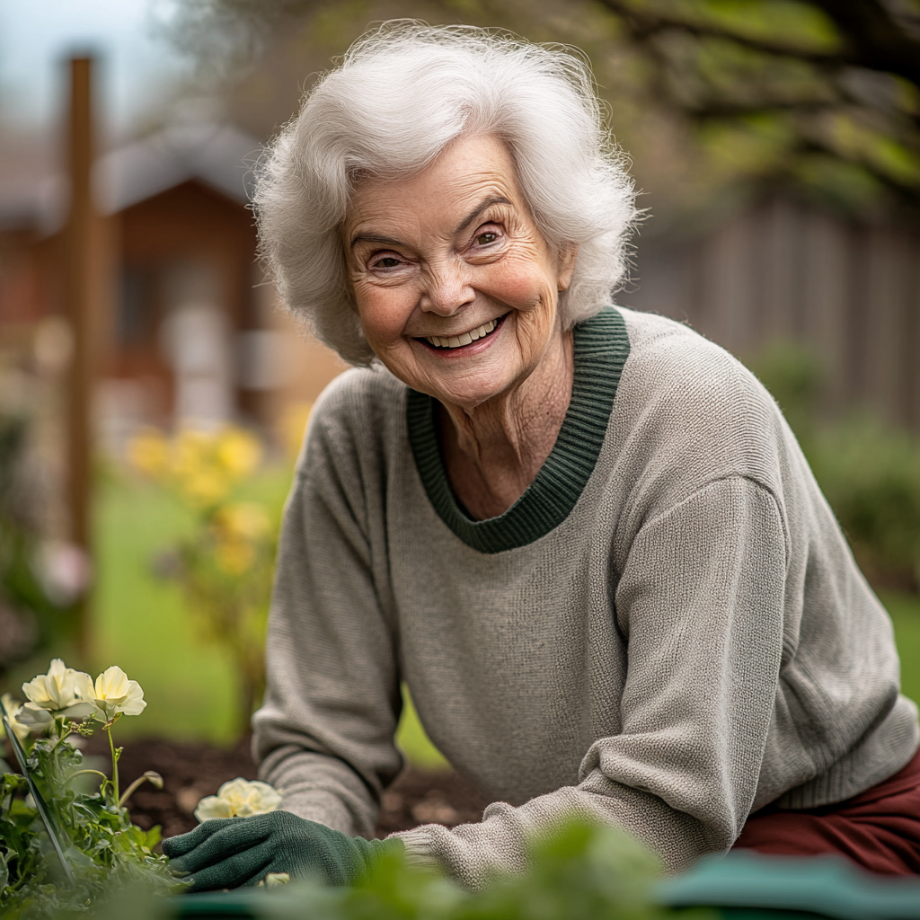 A happy elderly woman planting flowers in her garden | Source: Midjourney