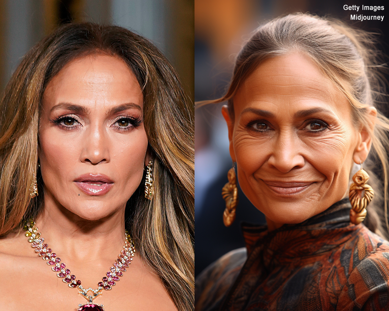Jennifer Lopez in her 50s | An AI depiction of what Jennifer Lopez might look like in her 70s | Source: Getty Images | Midjourney
