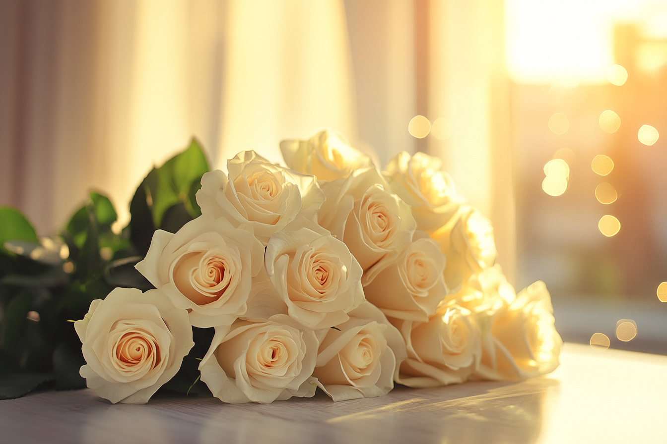 A bouquet of white roses on a table | Source: Midjourney