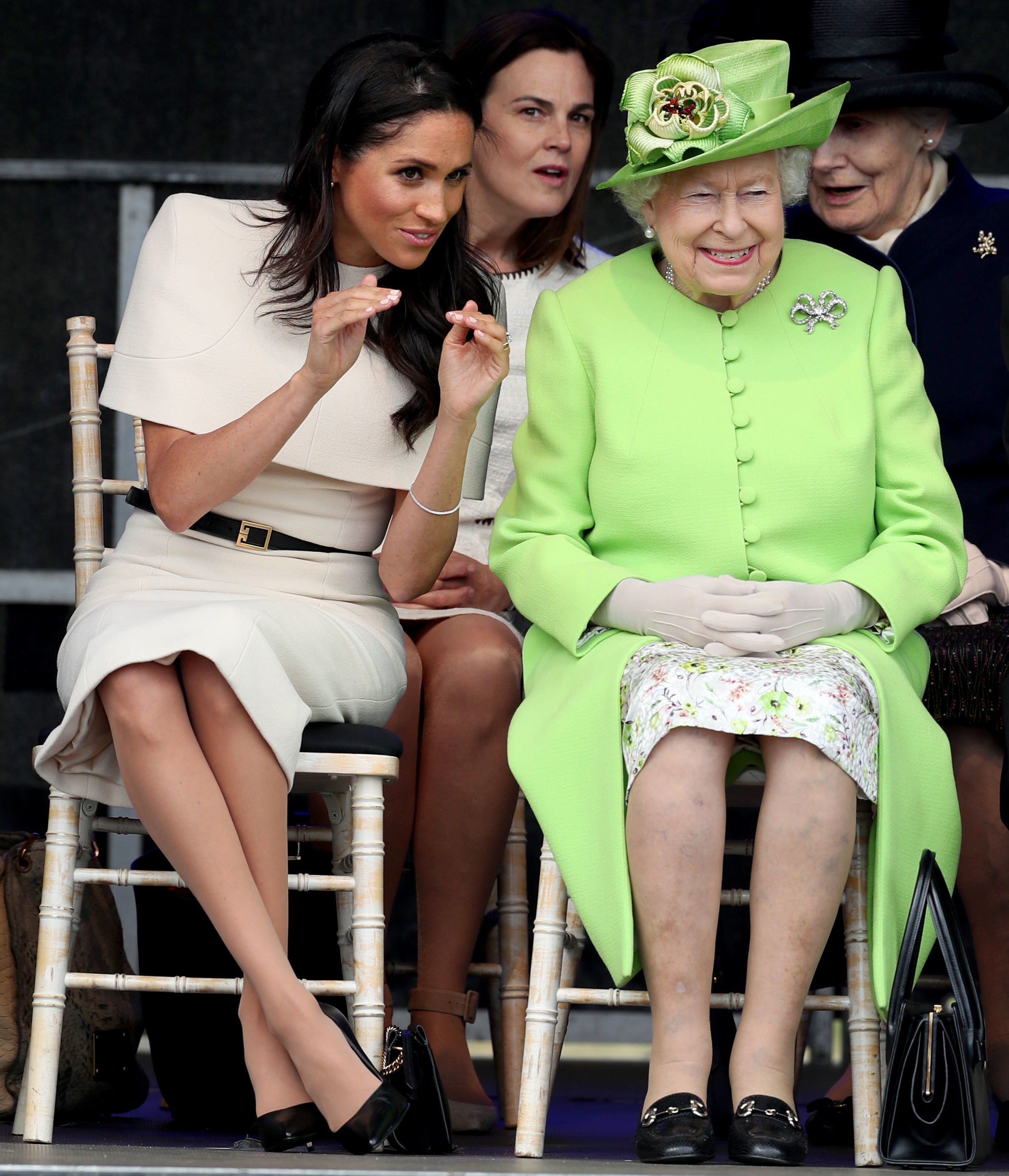 Queen Elizabeth II and Duchess Meghan at the opening of the new Mersey Gateway Bridge, in Widnes, Cheshire on June 14, 2018 | Source: Getty Images