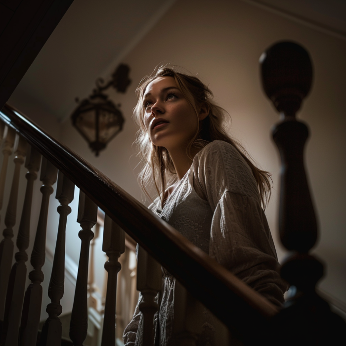 A woman going upstairs in a house | Source: Midjourney