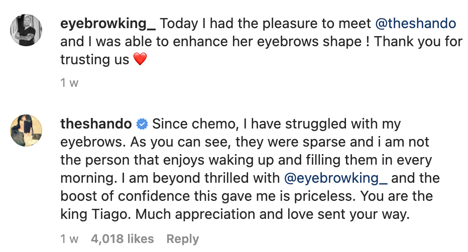 Shannen Doherty's comment on Tiàgo Sampaio's Instagram post on March 12, 2023 | Source: Instagram/eyebrowking_ | Instagram/theshando