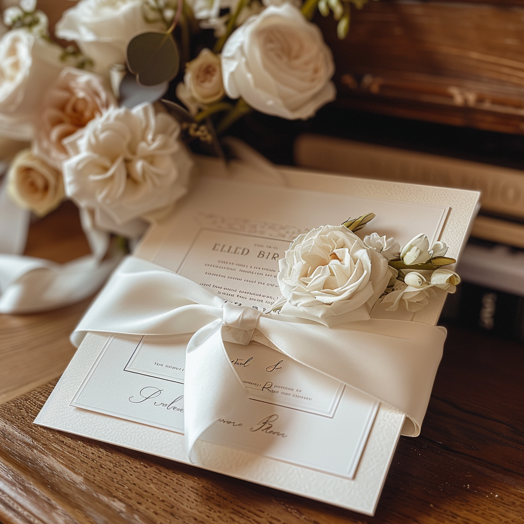 A wedding invitation on a table | Source: Midjourney