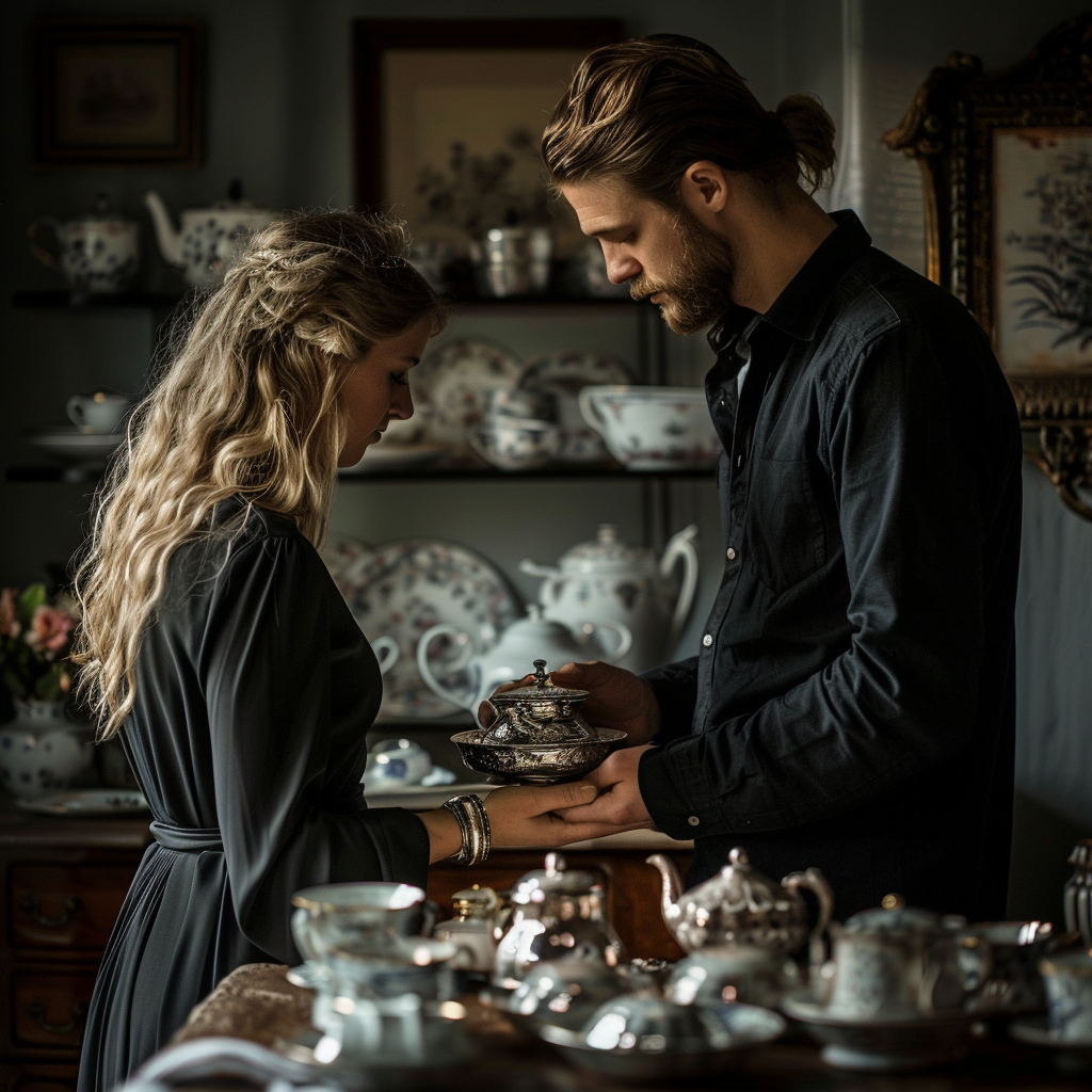 Jacob and Tiffany cleaning the silver tea set | Source: Midjourney