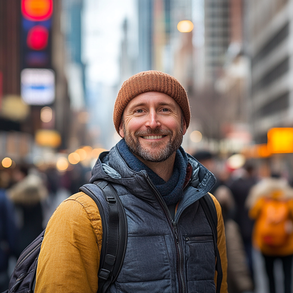 A smiling man strolling through a bustling city | Source: Midjourney