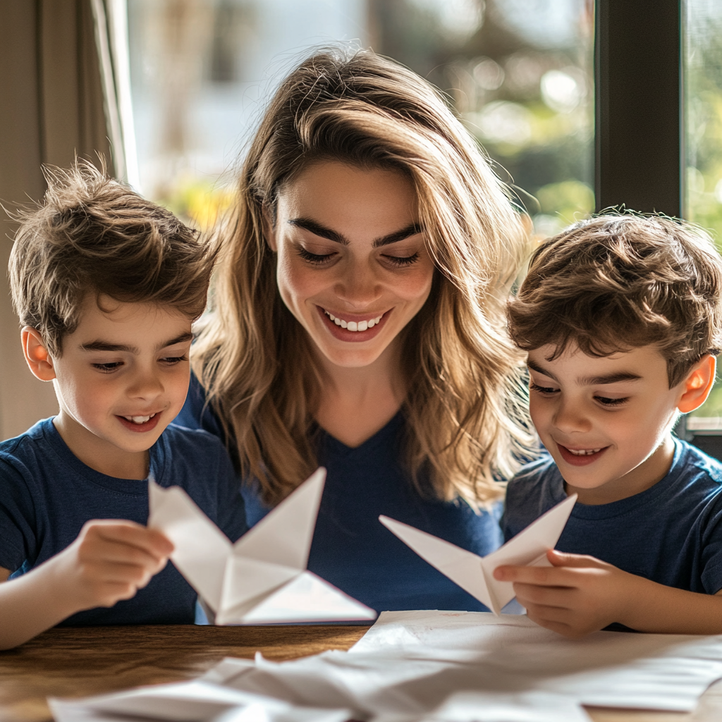 A woman making paper planes with her sons | Source: Midjourney