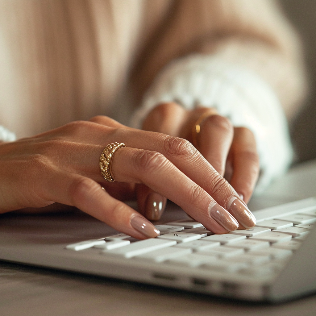 A woman typing | Source: Midjourney