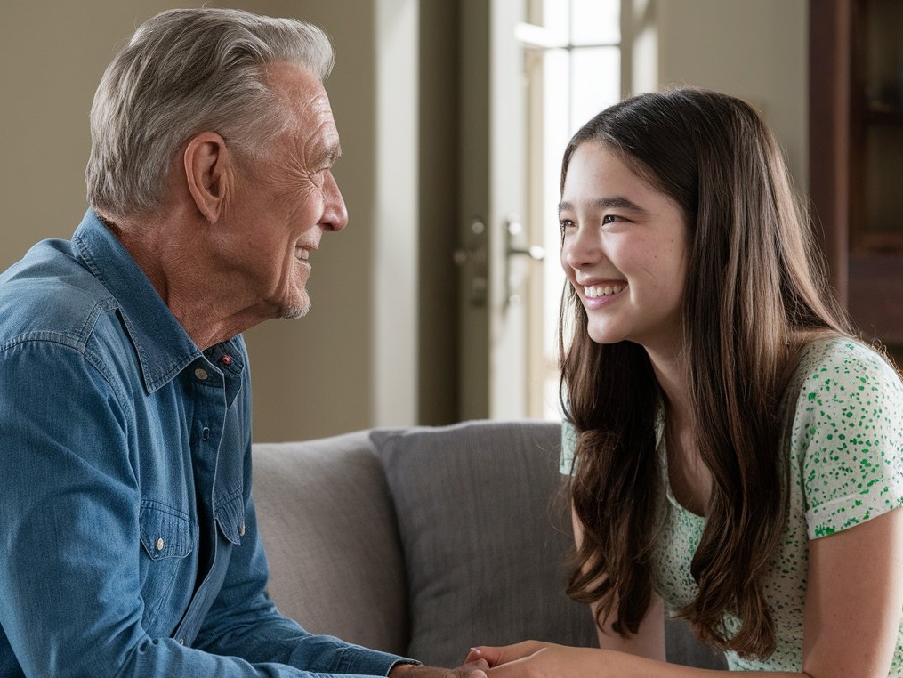 A teenage girl smiling, sitting alongside an older man | Source: Midjourney