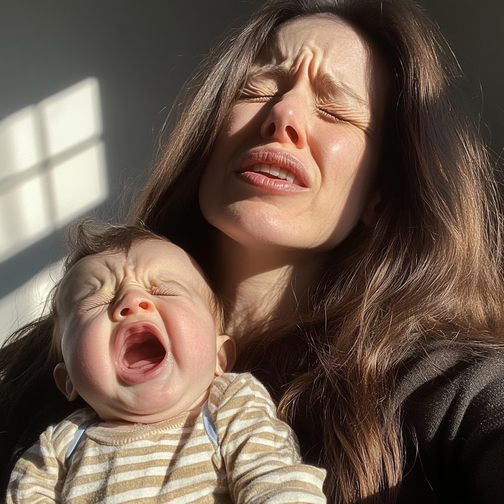 A woman holding a crying baby | Source: Midjourney