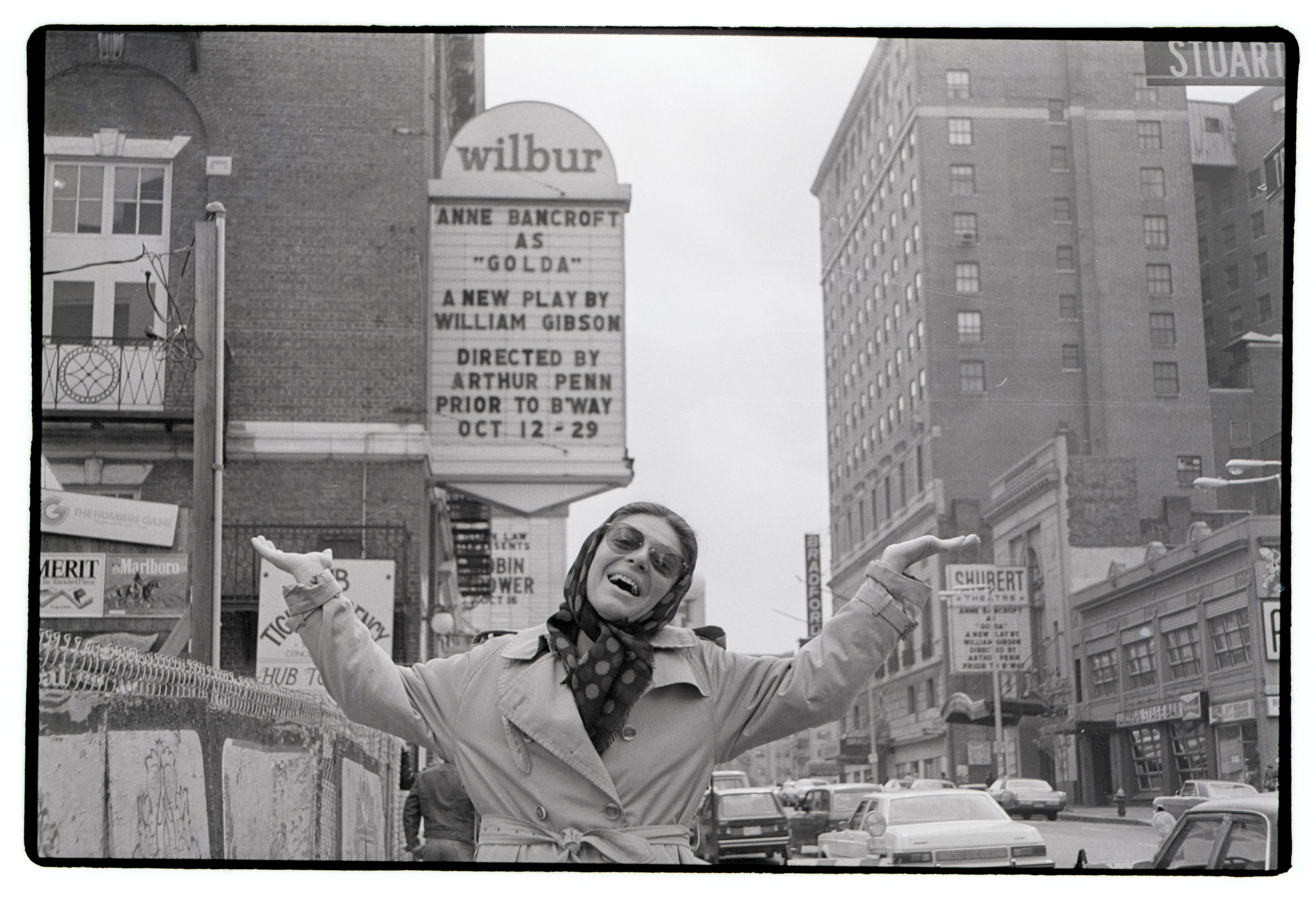 Anne Bancroft with her name on two theatre marquees. She was meant to star in the new play "Golda," was to appear in the show at the Wilbur Theatre. But, a fire at the theatre forced the show across the street, resulting in identical marquis. │Source: Getty Images  