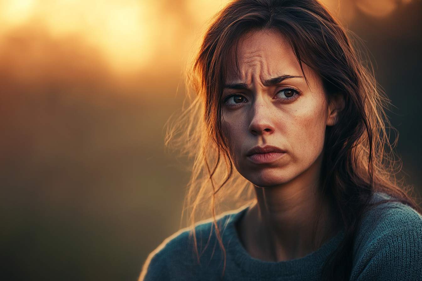 An anxious woman frowning | Source: Midjourney