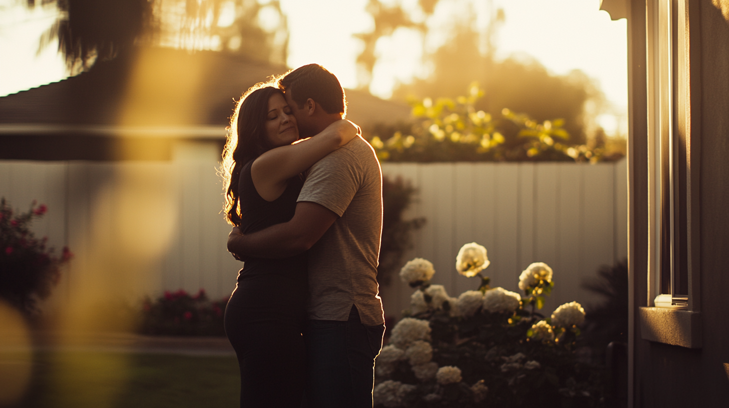 Couple hugging on the porch | Source: Midjourney