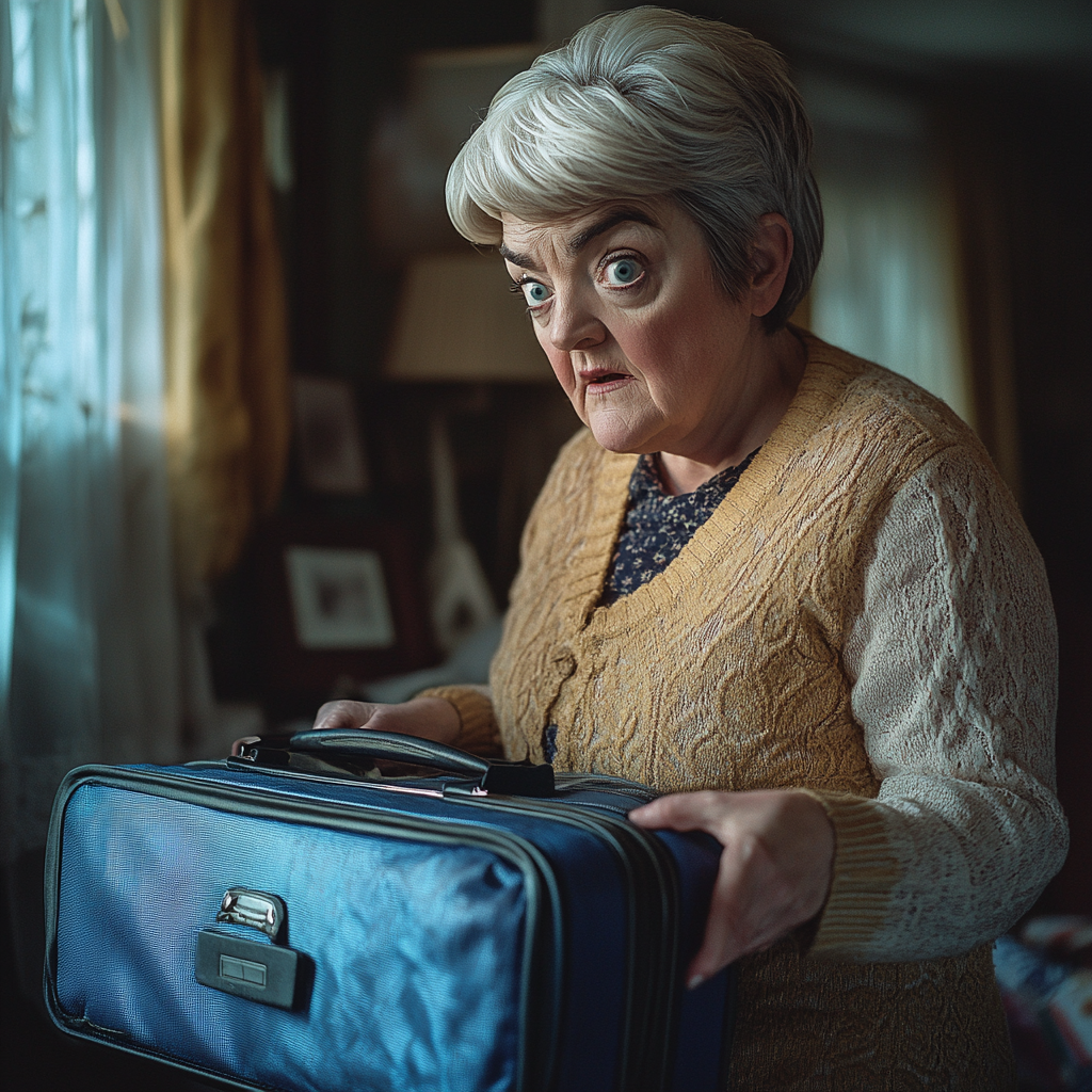 A concerned woman rummaging through a blue suitcase | Source: Midjourney