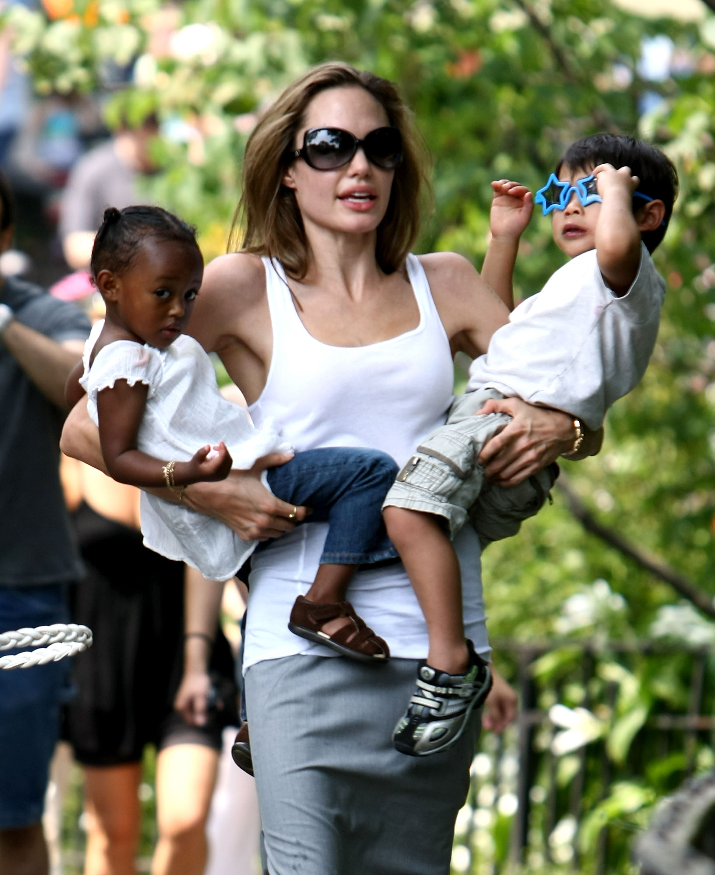Zahara Jolie-Pitt, Angelina Jolie and Pax Jolie-Pitt visit the Central Park Carousel in New York City on August 25, 2007. | Source: Getty Images