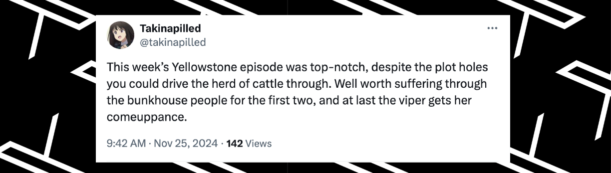 A fan's comment on episode 11, season 5 of "Yellowstone," posted on November 25, 2024 | Source: x.com/takinapilled