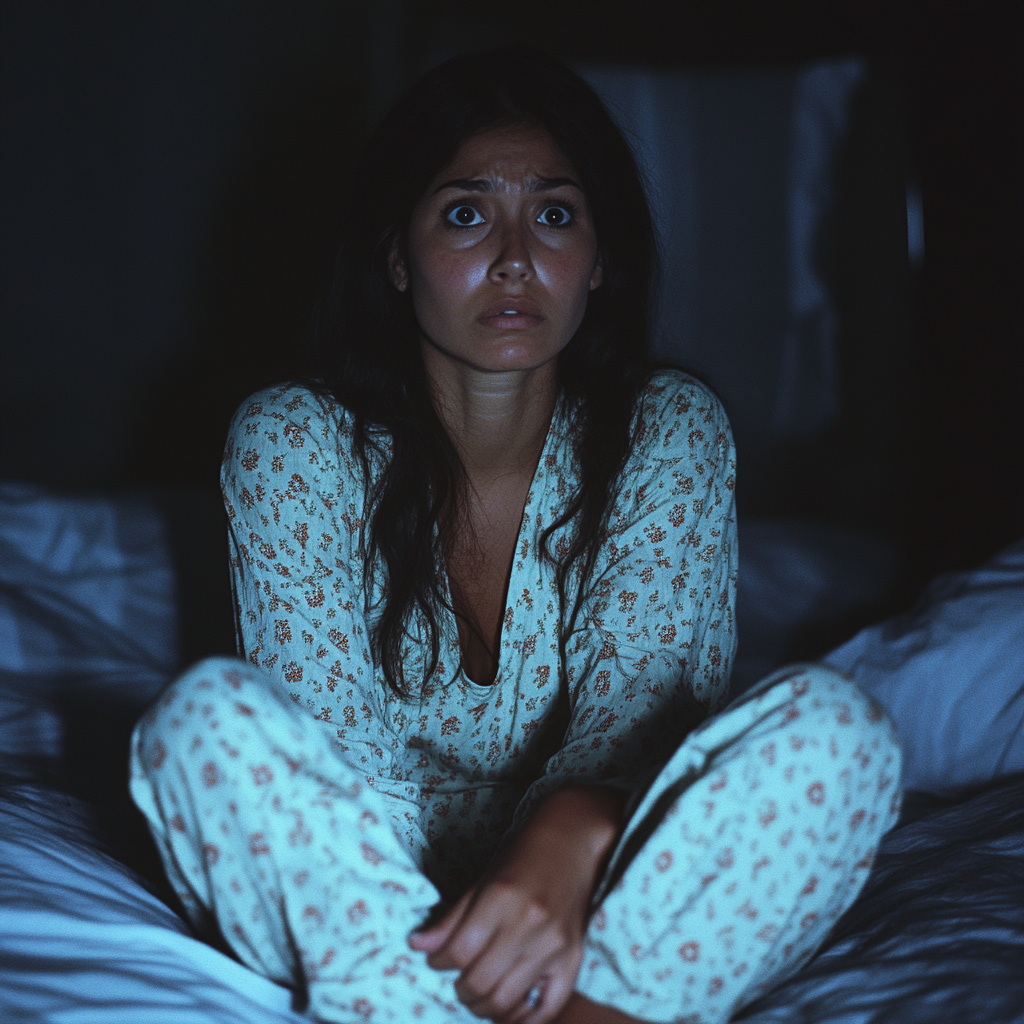 A scared woman sitting upright in bed | Source: Midjourney