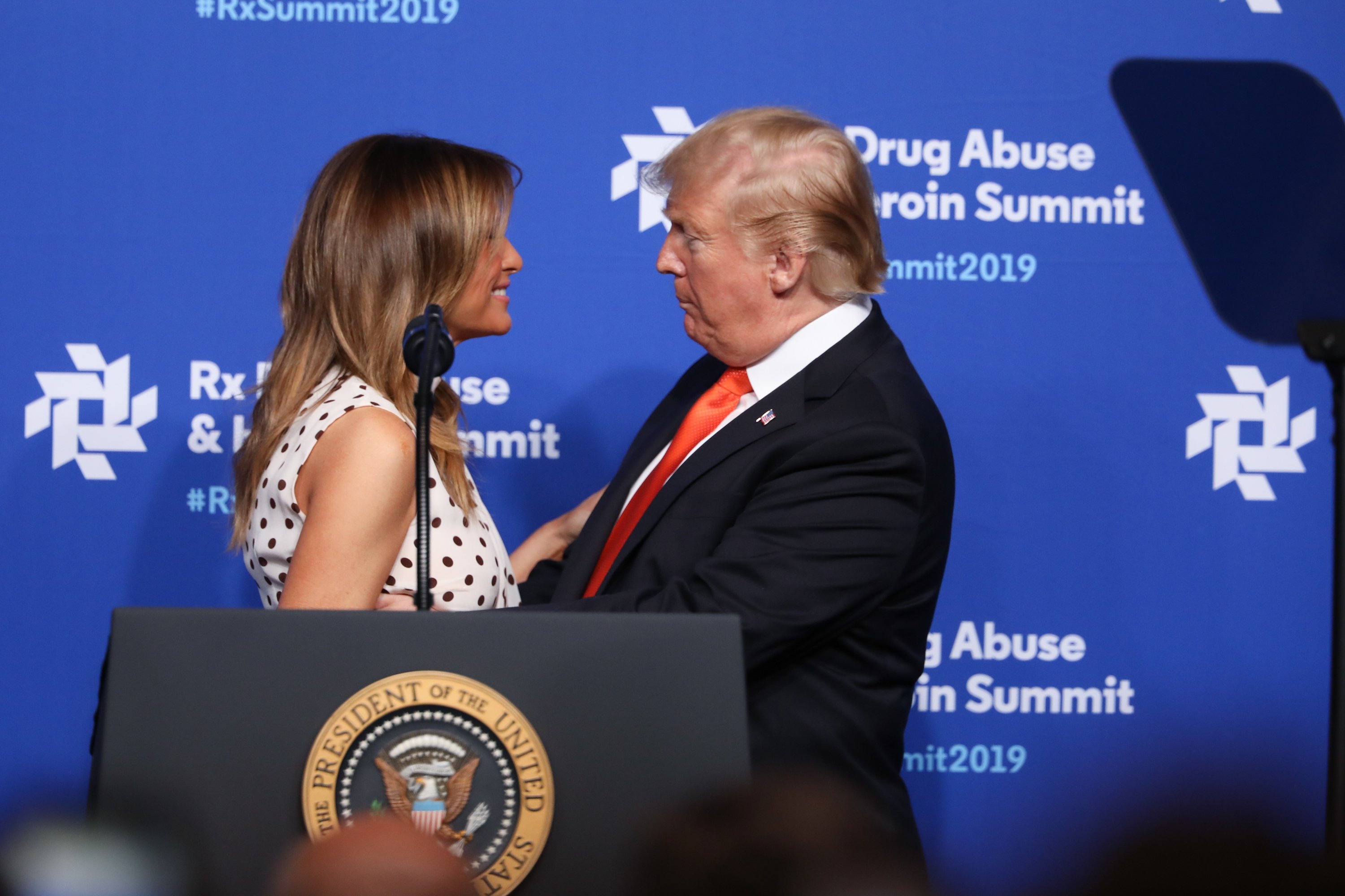 Donald Trump greeting Melania Trump after her speech at the Rx Drug Abuse and Heroin Summit in Atlanta, Georgia | Photo: Getty Images