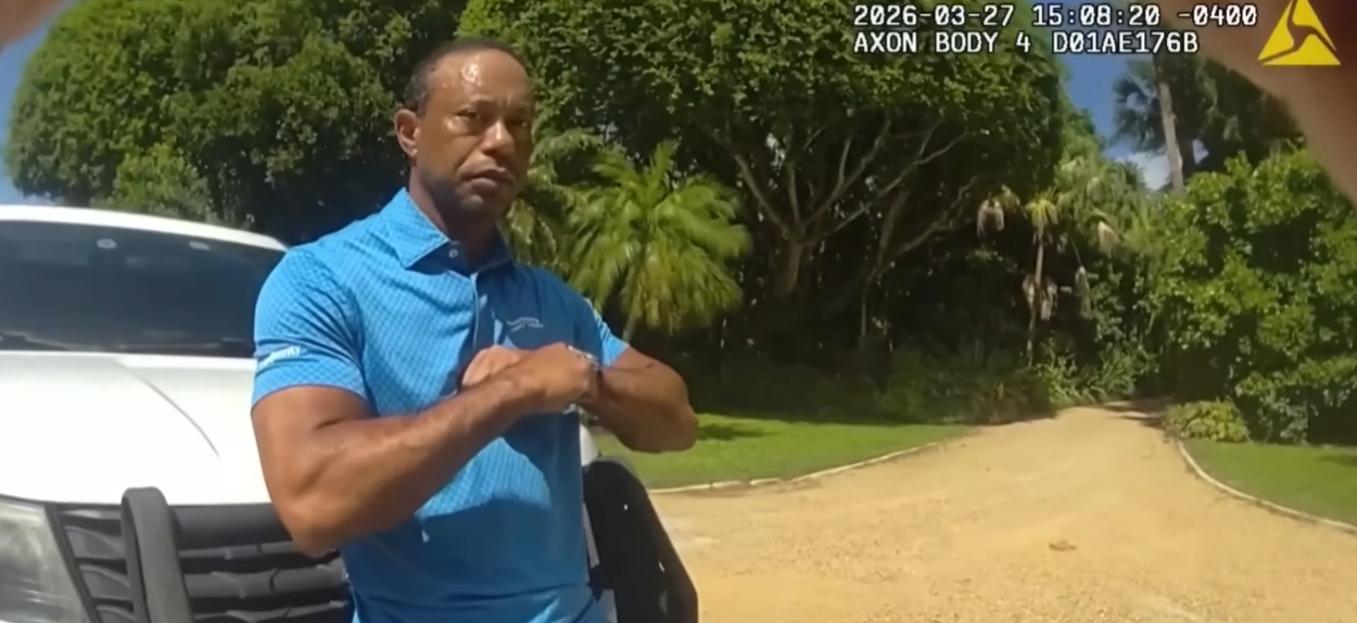 Tiger Woods, as seen in the bodycam footage in a video posted on April 2, 2026 | Source: YouTube/NBC News