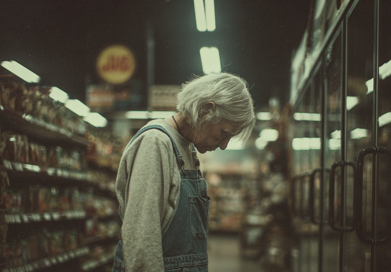 A sad old woman looking down at the ground | Source: Midjourney