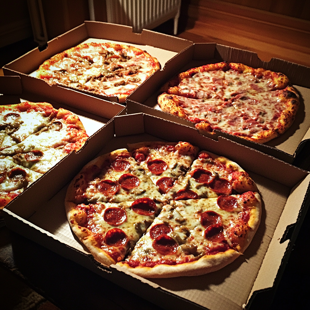 Boxes of pizza on a table | Source: Midjourney