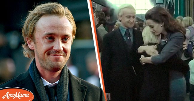 Pictured: (L) Actor Tom Felton attends the "A United Kingdom" Opening Night Gala screening during the 60th BFI London Film Festival at Odeon Leicester Square on October 5, 2016 in London, England. (R) Tom Felton as Draco Malfoy and his wife Jade Olivia as Astoria Greengrass with their son Bertie Gilbert as Scorpius on "Harry Potter and the Deathly Hallows: Part 2" | Photo: Getty Images and YouTube/@HarryPotterFolkore