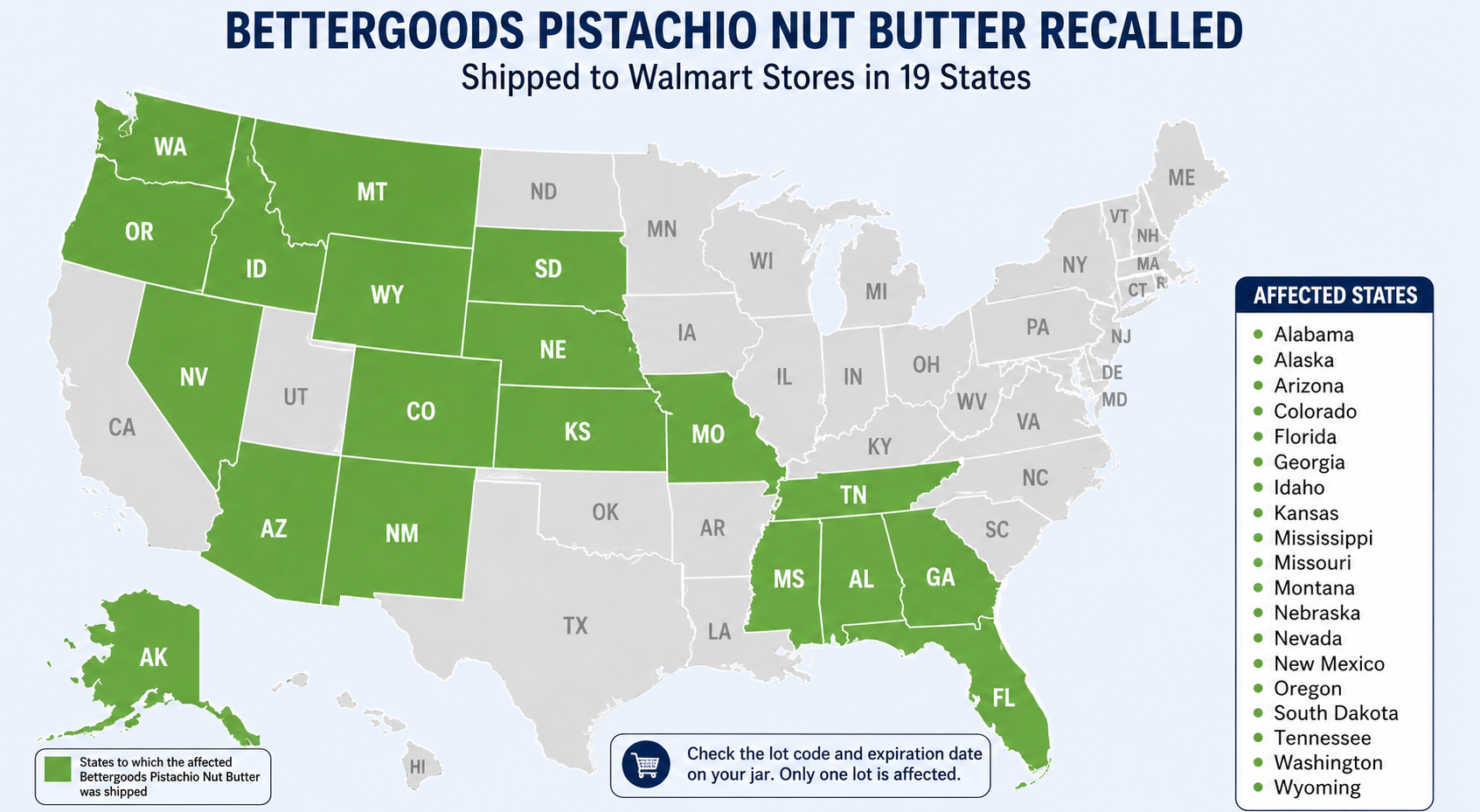 The highlighted states show where the recalled Bettergoods Pistachio Nut Butter was distributed to Walmart stores, according to the FDA. Officials said the affected lot reached 19 states, prompting consumers to check their jars to determine whether they are part of the recall. | Source: ChatGPT