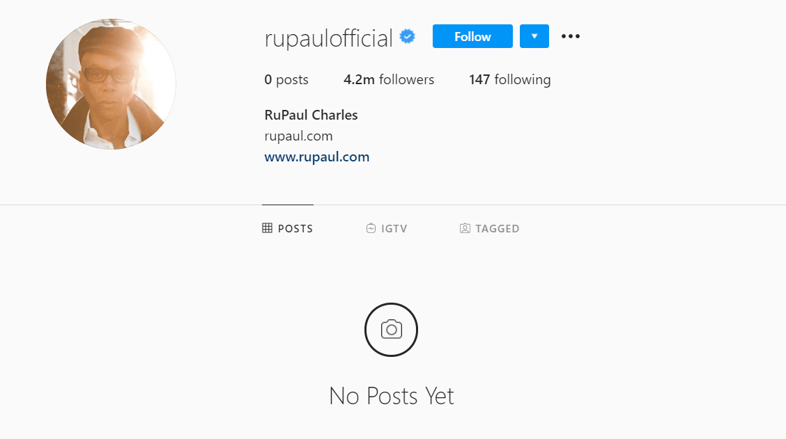 A snapshot of RuPaul's Instagram account after all his posts were deleted. | Source: Instagram/RuPaul