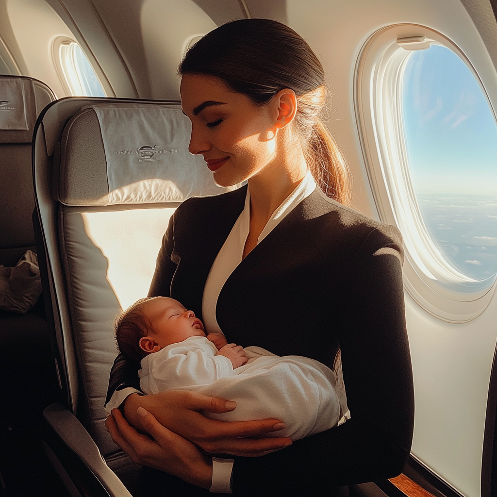 A flight attendant holding a baby | Source: Midjourney