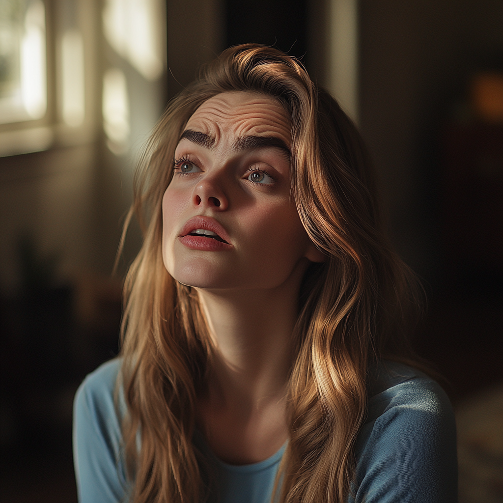 A woman looks hurt and disappointed while sitting alone in her room | Source: Midjourney