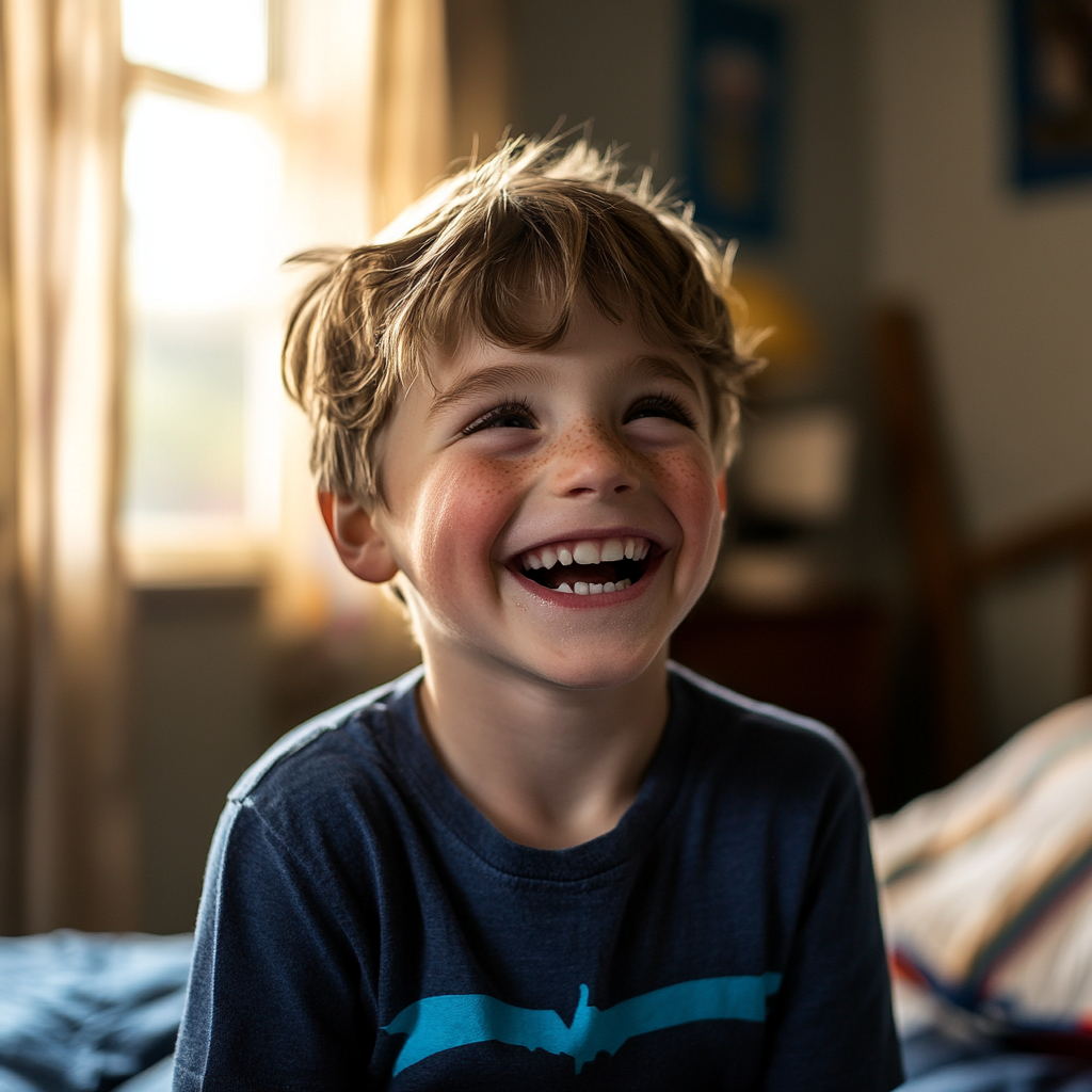 A happy little boy sitting in his room | Source: Midjourney